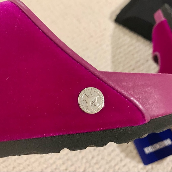 Fuchsia Pink Purple Arizona Crystal Buckle Velvet 2-Band Sandals - Picture 11 of 13